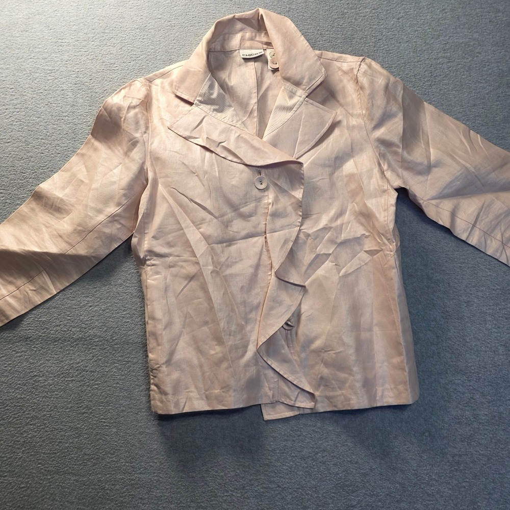 Chicos Ruffle Front Career Blazer Womens Medium Pink 3/4 Sleeves Jacket